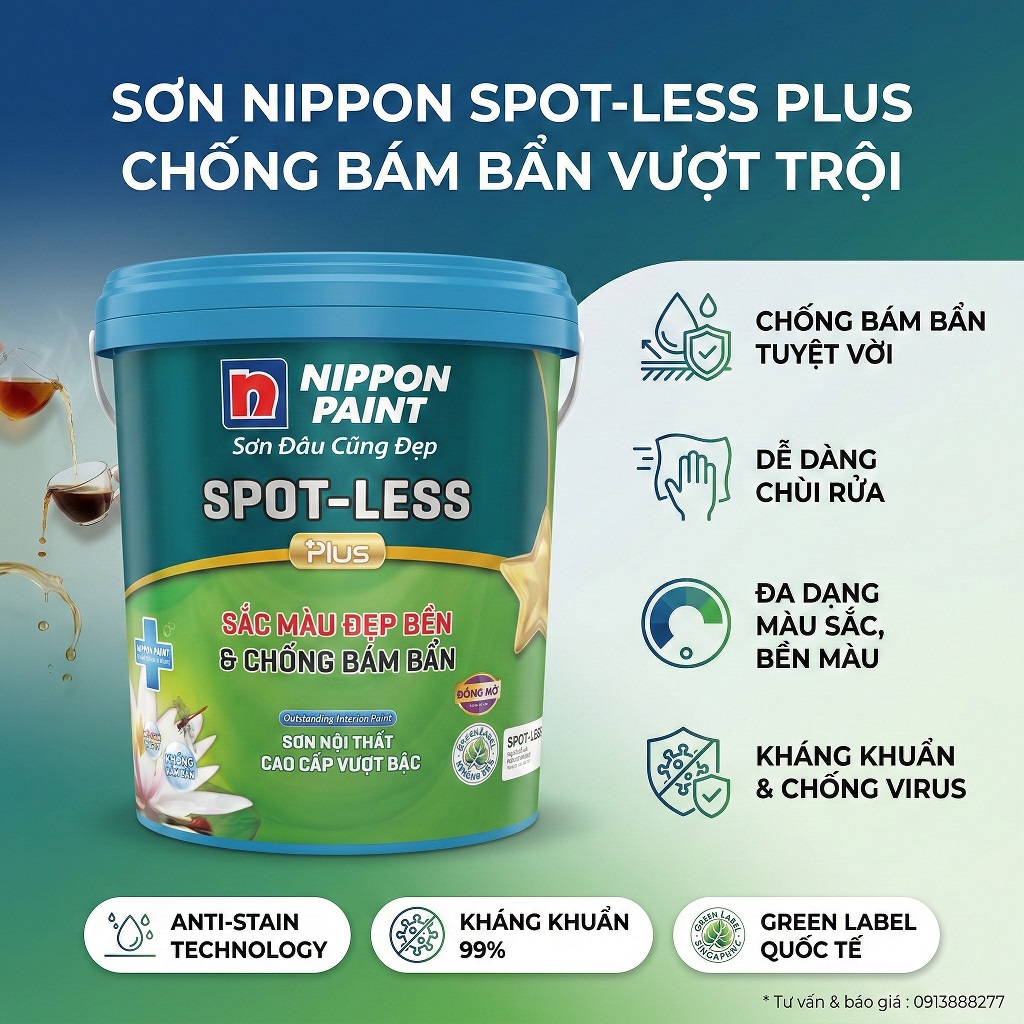 Sơn Nippon Spot-less Plus là dòng sơn nước nội thất cao cấp với bề mặt hoàn thiện mờ sang trọng, được trang bị những công nghệ tiên tiến nhất của Nhật Bản, tập trung vào khả năng bảo vệ kép: vừa chống bám bẩn, vừa bảo vệ sức khỏe người dùng.